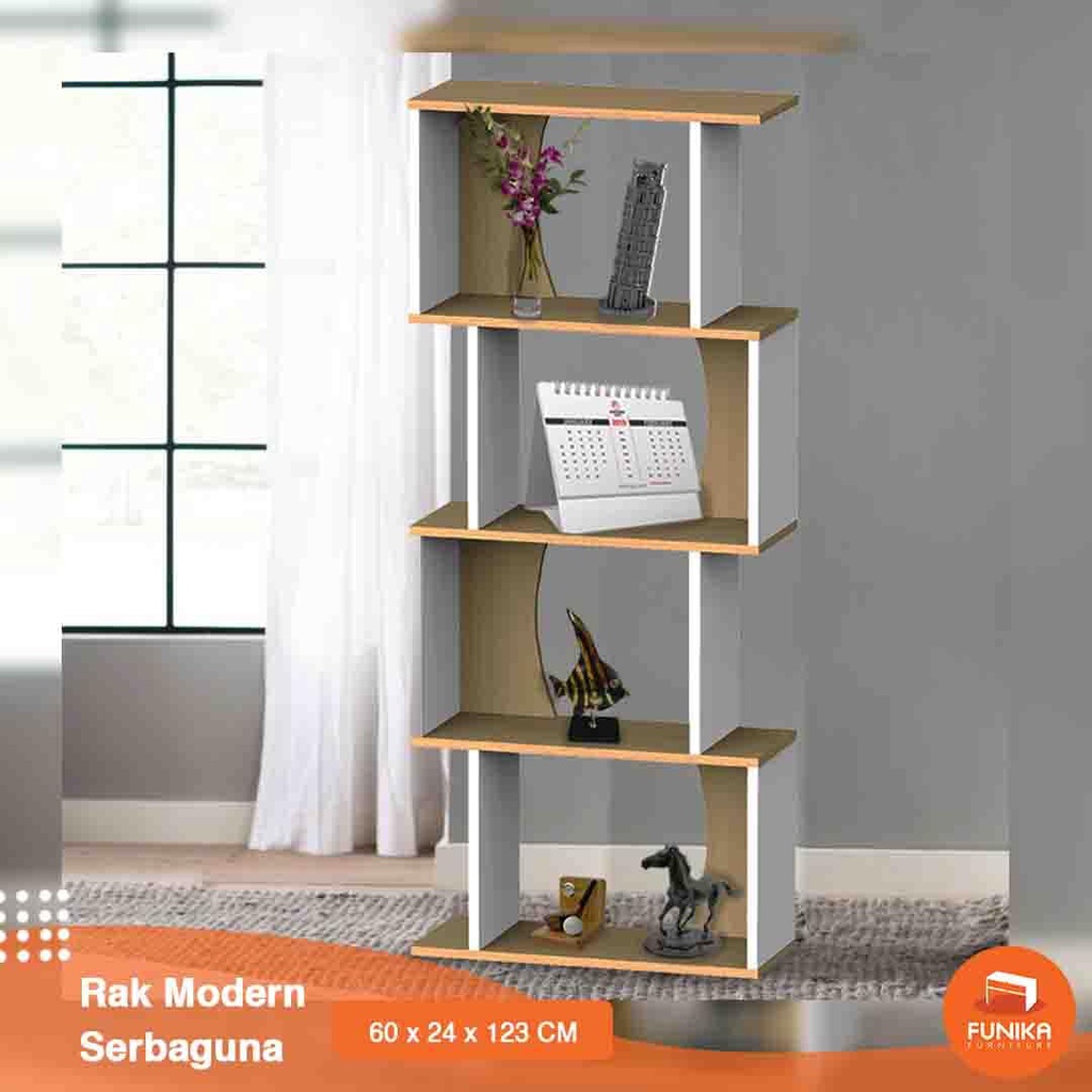 FUNIKA 33602 - Rak Buku 4 Tingkat / Rak Serbaguna 4 Susun / Rak Minimalis / Rak Buku Kayu / Bookcase