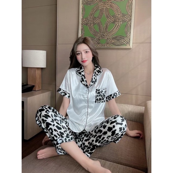 DC Piyama Satin Lengan Pendek Celana Panjang Import Quality-dc Leopard Black