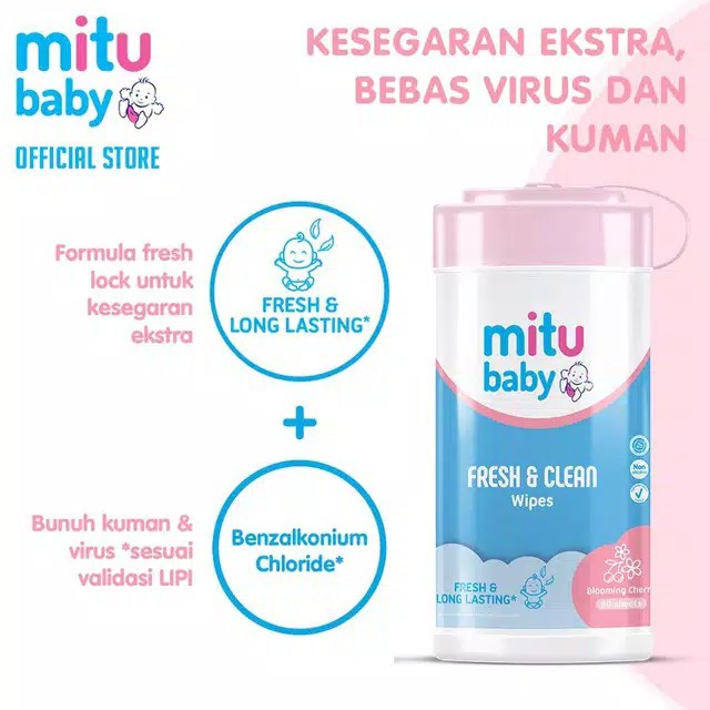 Mitu Baby Wipes Fresh &amp; Clean Blooming Cherry botol 60'S