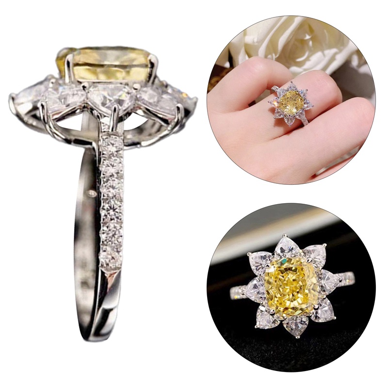 Cincin Pernikahan Bentuk Bunga Matahari Warna Kuning Bahan Cubic Zirconia Untuk Wanita