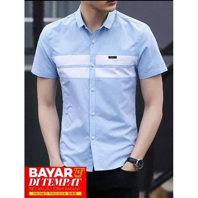 TOTOTAshop.Kemeja RUSTY pria 3 ukuran M-L-XL,lengan pendek bahan katun denim step REAL PIC