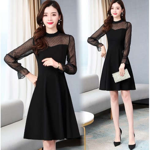 Vintage Black Mesh Sexy Mini Dress Spring Autumn Solid Long Sleeve Dress Elegant 2020