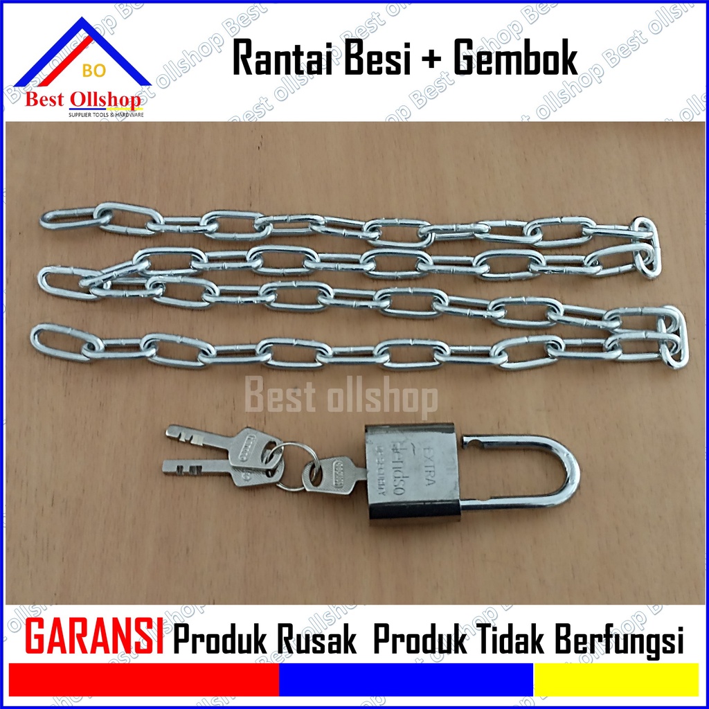 Gembok Rantai 100 Cm Kunci Pengaman Motor Sepeda Pagar Rumah Besi 1/8&quot;  3 MM Galvanis / 1 Paket Gembok 30 MM