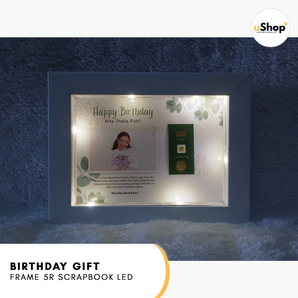 Birthday Gift Frame 5R Scrapbook LED Kado Ulang Tahun Kado Anniversary Logam Mulia Emas Mini