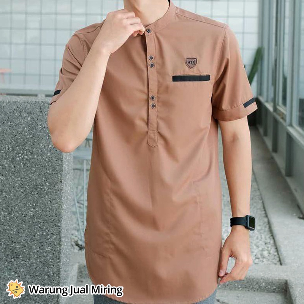 Baju Koko Kurta Lengan Pendek Dewasa Pria Laki Cowok Muslim Pakistan Tangan Santai Untuk Sarung Peci Kokoh Qurta Adem Lembut Katun Toyobo Santri Kemeja Kerah Hitam Putih Biru Donker Coklat Merah Casual Kasual Formal Murah-Kurta Coklat