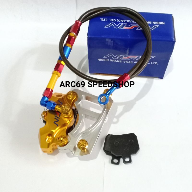 Paket Kaliper 2 piston Rem Depan + baut + selang + Breket Beat,Scoopy,Vario,Spacy, Breket Disc 260mm