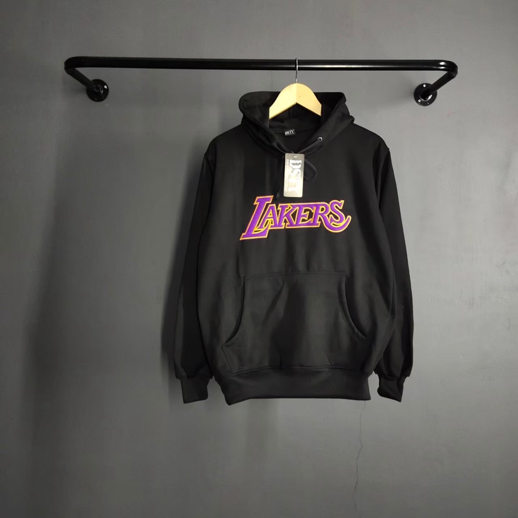 Sweater Hoodie Pria Lakers NBA Bordir Full Tag Bahan Cutton Fleece