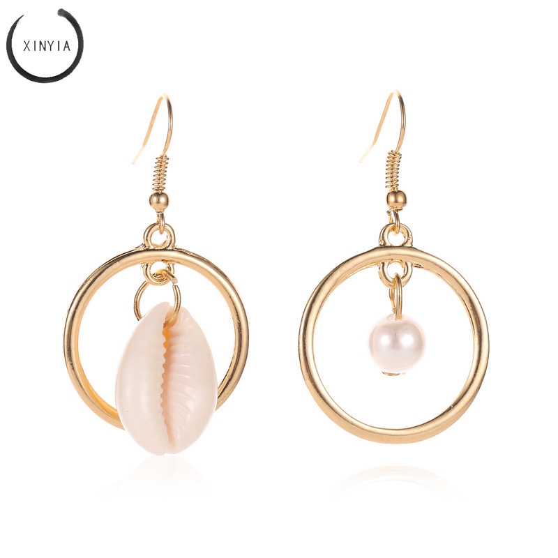 Kepribadian Eropa Asimetris Anting Stud Bulat Shell Mutiara Angin Laut Anting Rumbai Earrings