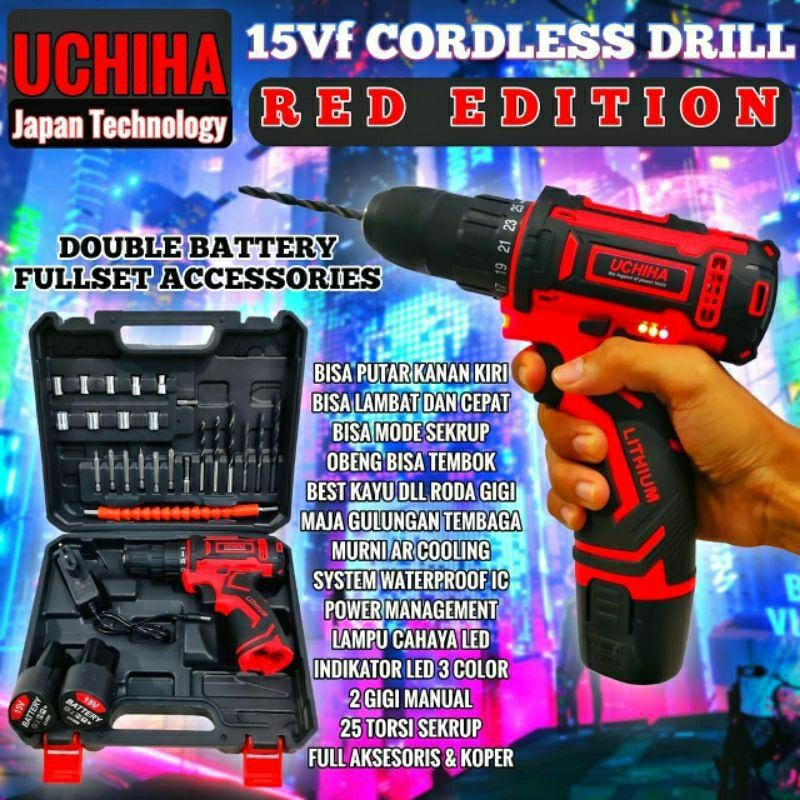 BOR CORDLESS Drill 15V  bor tembok besi plafon Full Set Original Uchiha Japan terlaris &
