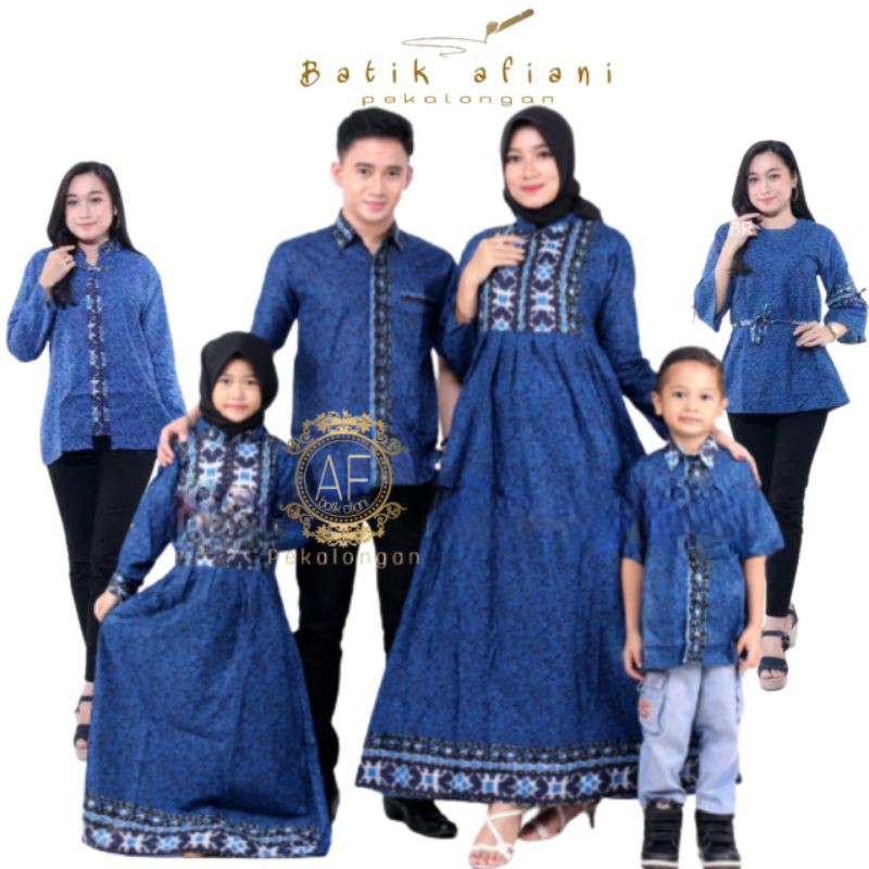 Batik Couple keluarga Maura Couple Sania Ruffle Ori Ndoro Jowi Dnt Termurah Motif Mega Mendung Biru