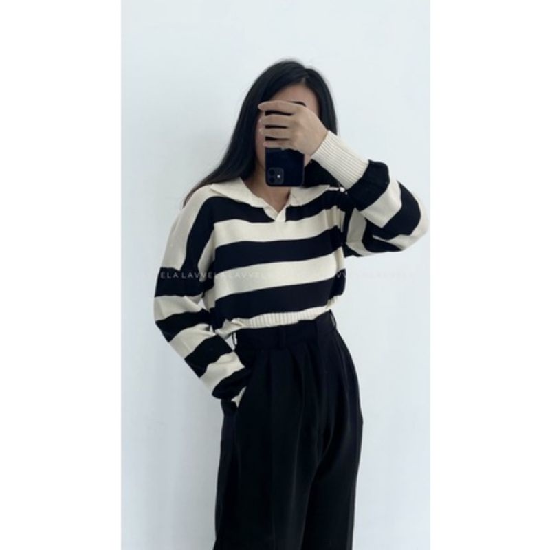 [BISA COD] Olivia Polo Strip Knit / Crop Top / Sweater Rajut Wanita / Atasan Wanita / Baju / Pakaian Wanita