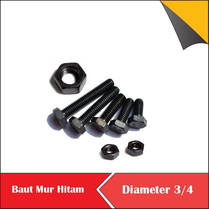 Baut hitam baja diameter 3/4 panjang 3 drat kasar plus mur