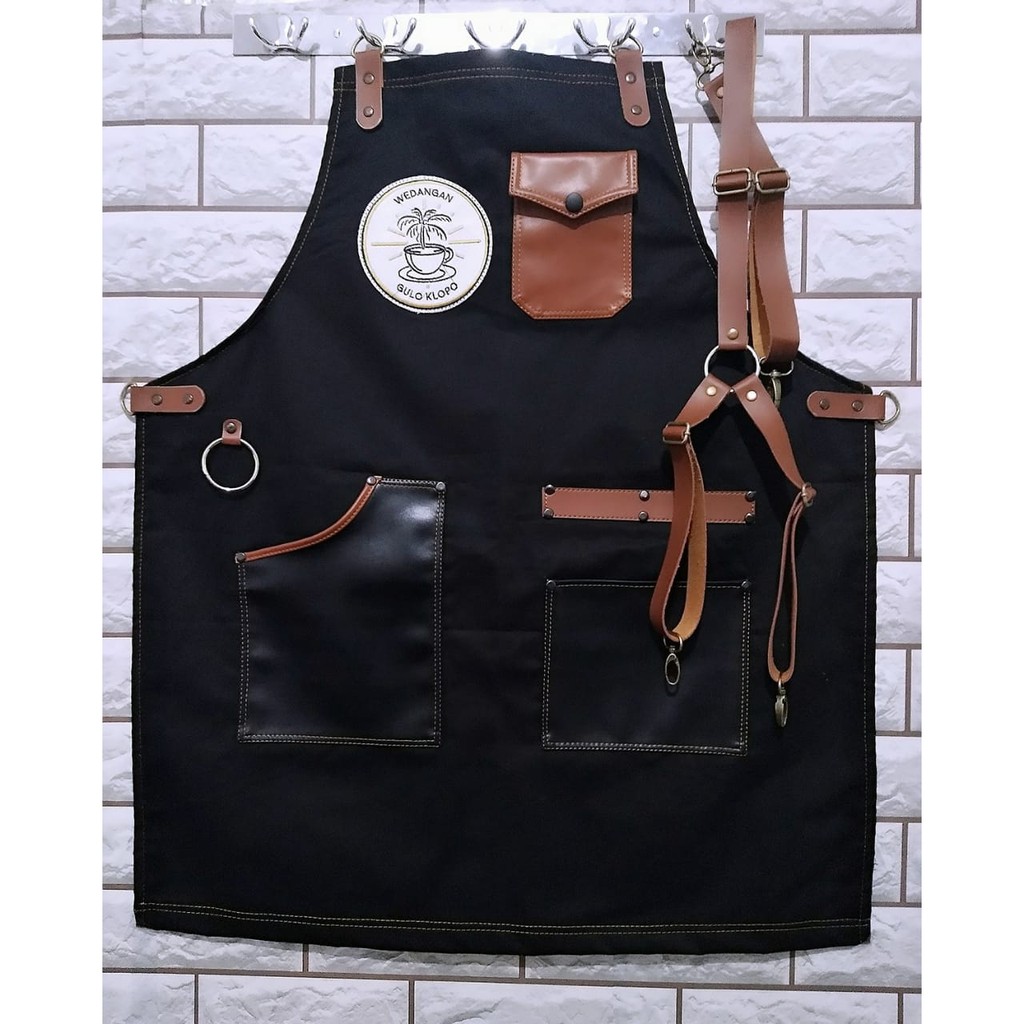 Apron Celemek Anti Air Apron Barista  &amp; With Pocket Tali X Synthetic Leather Semua Warna Model Lama dan Baru