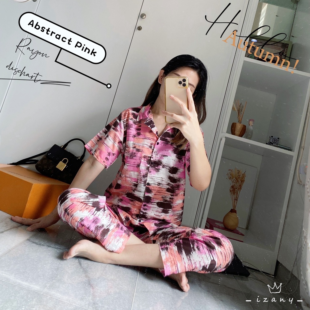 IZANY Piyama One Set Kemeja Pendek / Daily Set Kemeja Allsize Rayon Dischart-ABSTRACT PINK