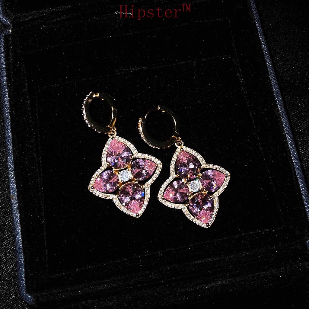 New Design Pink Flower Inlaid Retro High Carbon Diamond Silver Needle Petal Eardrops