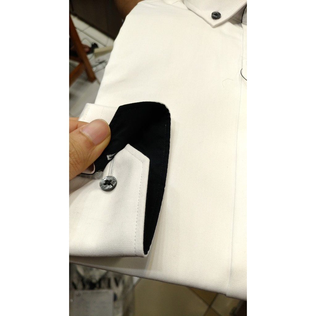 Kemeja Pria Alisan Panjang Slimfit Putih Kombinasi Hitam Kerah Dalam - Putih, S Best Quality
