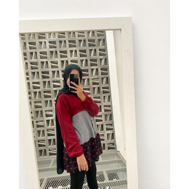 Tunik Rayon - Atasan Wanita Tunik Rayon Kombinasi Red Berry