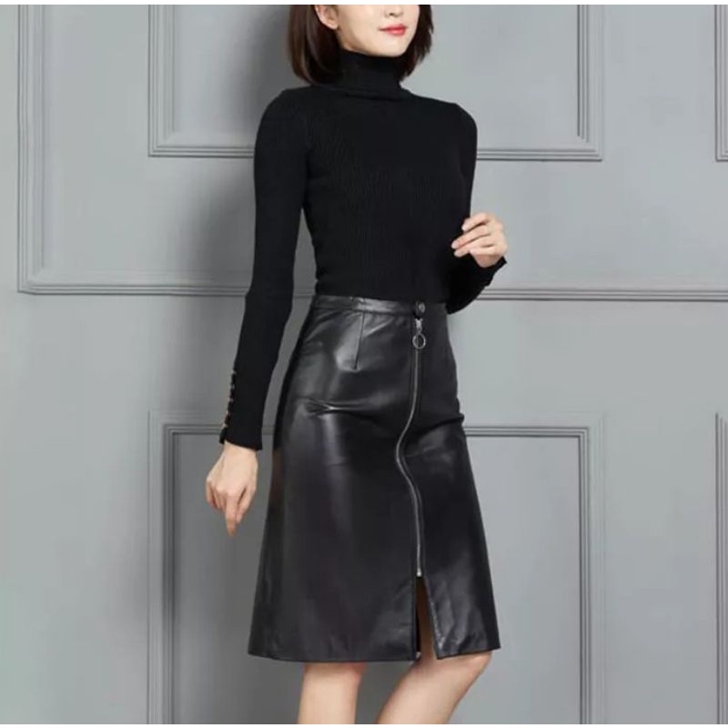 Rok Kulit Sintetis Leather Skirt PU Rok Midi Wanita Selutut Split Depan Full Resleting Model Rok Kerja Rok Wanita Kantoran