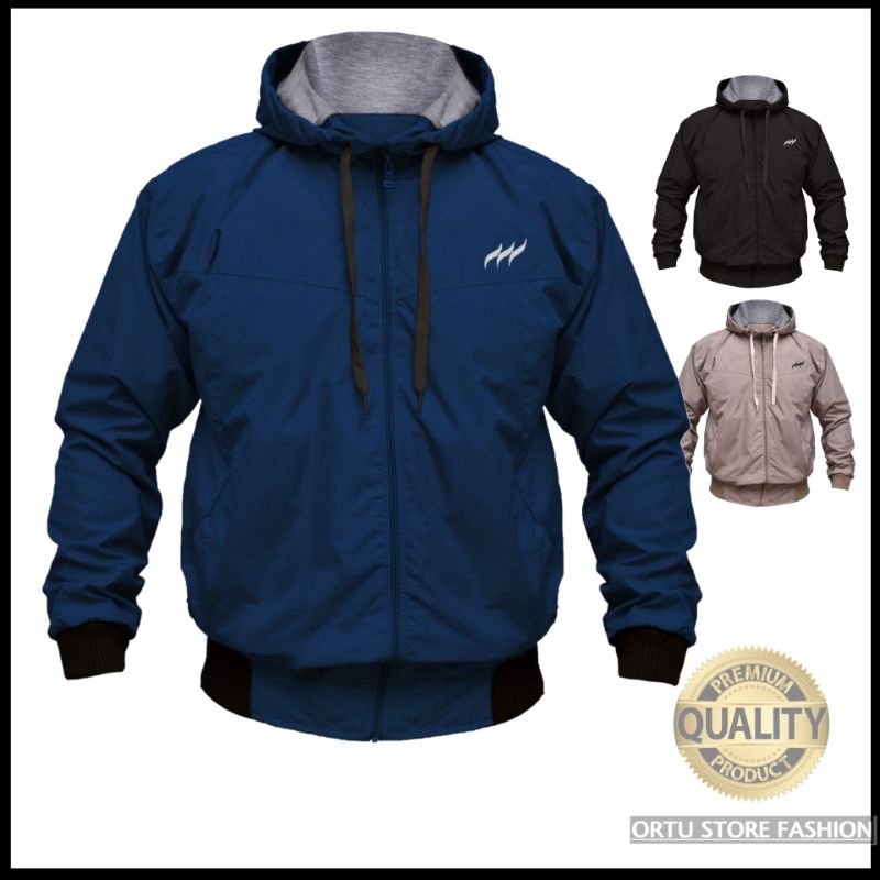 Jaket Hodie Bomber Distro JUMBO  XXXL Parasut Waterproof Hoodie Casual Outdoor Pria Cowok Distro Big Size Dewasa Original Bandung Jeket Motor Anti Air Boomber Polos Outdor Parasut Parasit Waterprof Waterproof Resleting Pria Laki Laki Cowo Hitam Navy Ori