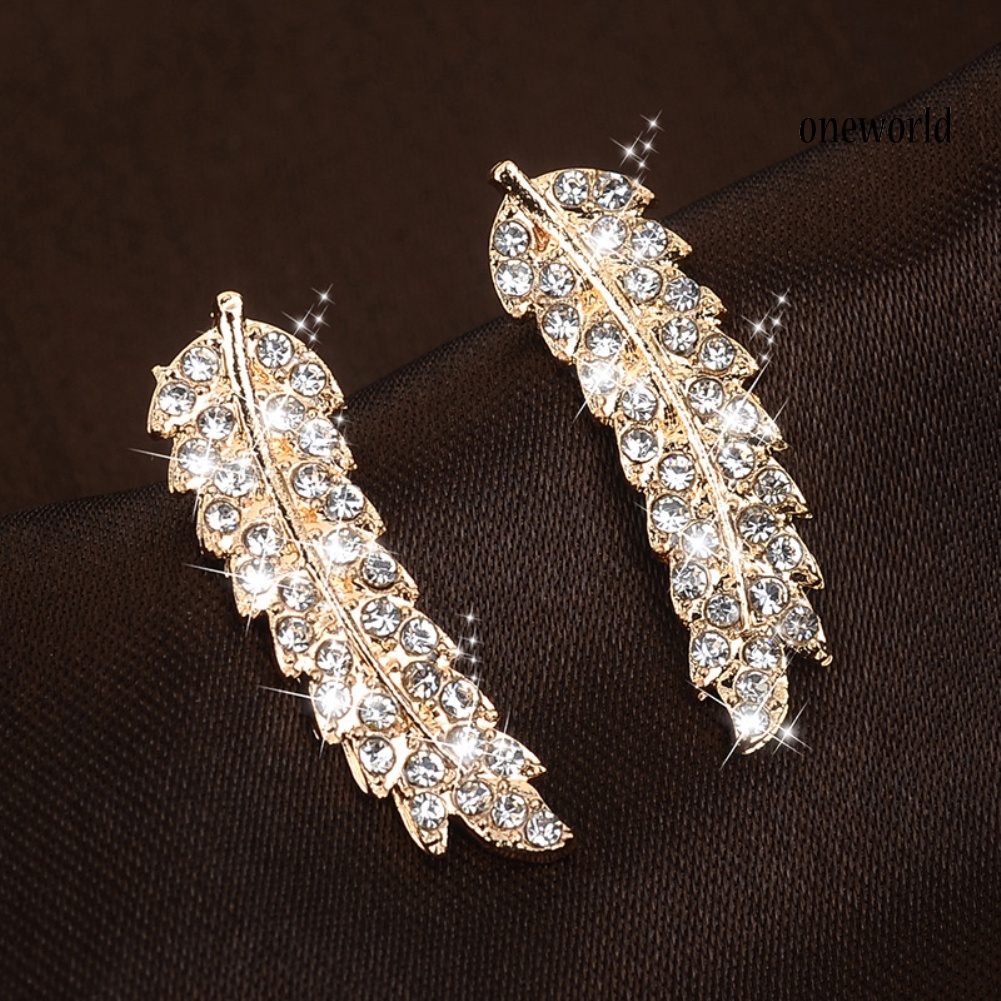 OW@ Women Full Rhinestone Inlaid Leaf Shape Stud Earrings Piercing Jewelry Gift