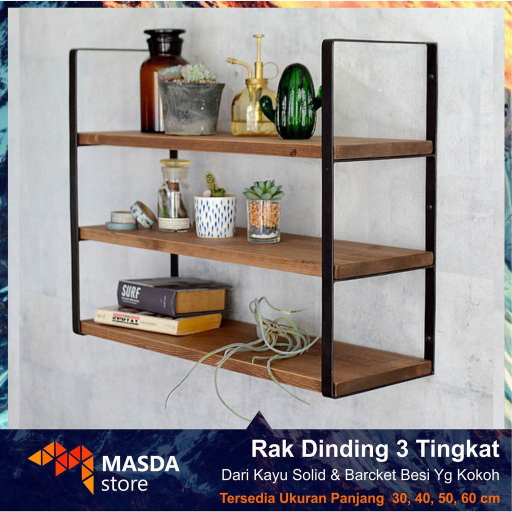 Rak dinding 3 ambalan kayu jati belanda besi minimalis Rak dinding 3 ambalan kayu jati belanda besi minimalis