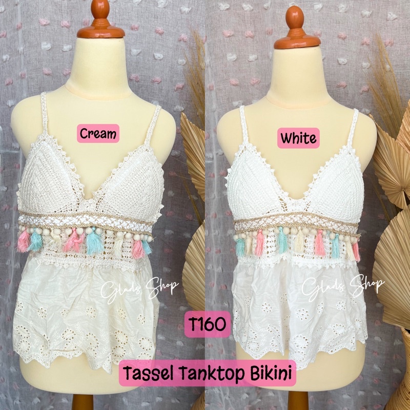 Baju Pantai sexy Tassel Bikini | T160 | Crochet Tanktop Rajut Pompom Woman Fashion Top Import Atasan Wanita