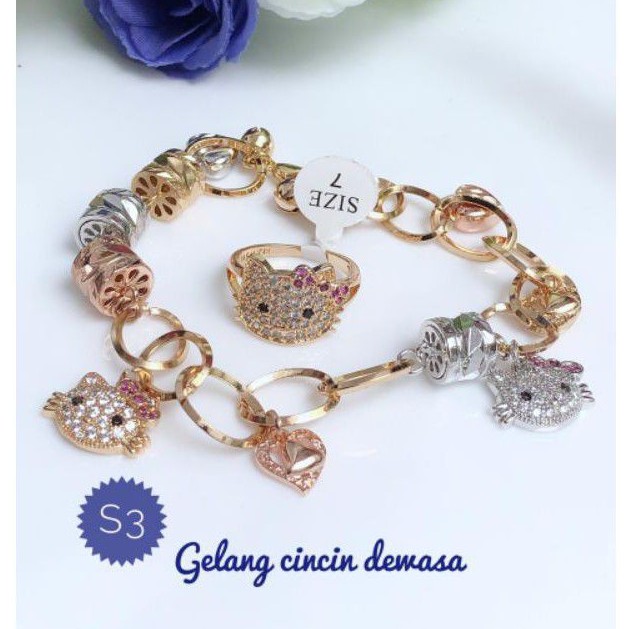 (FEB) PROMO Set Perhiasan DEWASA Lapis Emas Xuping Gelang Cincin Hello Kitty Silver Gold Titanium