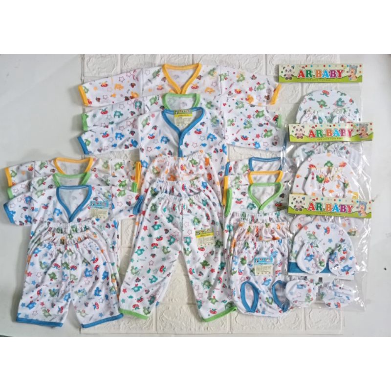 paket hemat baju/celana bayi putih motif arsell+topi set sartaki