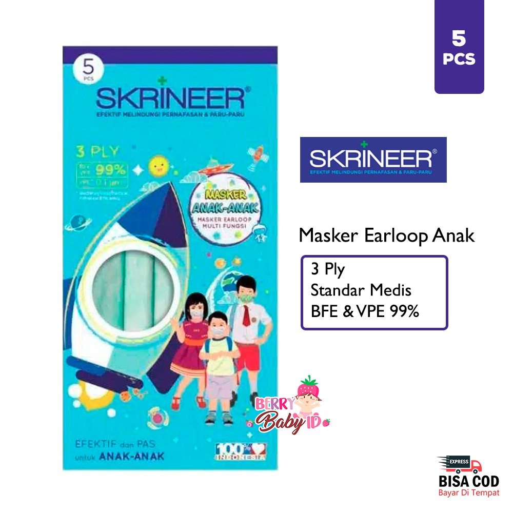 Skrineer Masker Anak 3 Ply Earloop Isi 5 Pcs Masker Medis Multifungsi Berry Mart