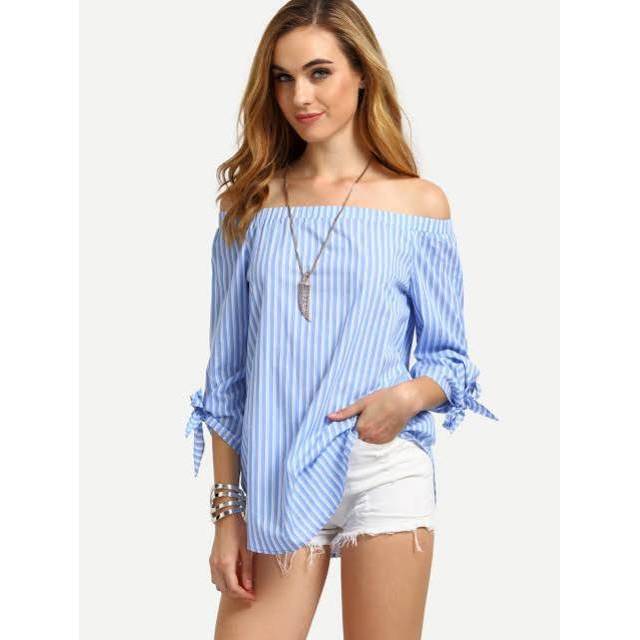 New Original Branded Iz Byer Stripe Off Shoulder Blue Blouse