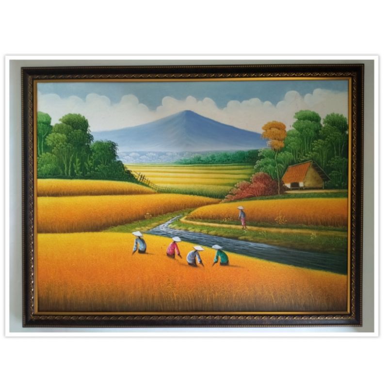 Lukisan Pemandangan Gunung Sawah Komplit Bingkai 60 x 80 cm | Shopee