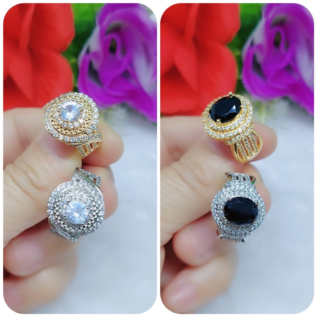 Cincin xuping lapis emas permata putih dan mata hitam perhiasan fashion