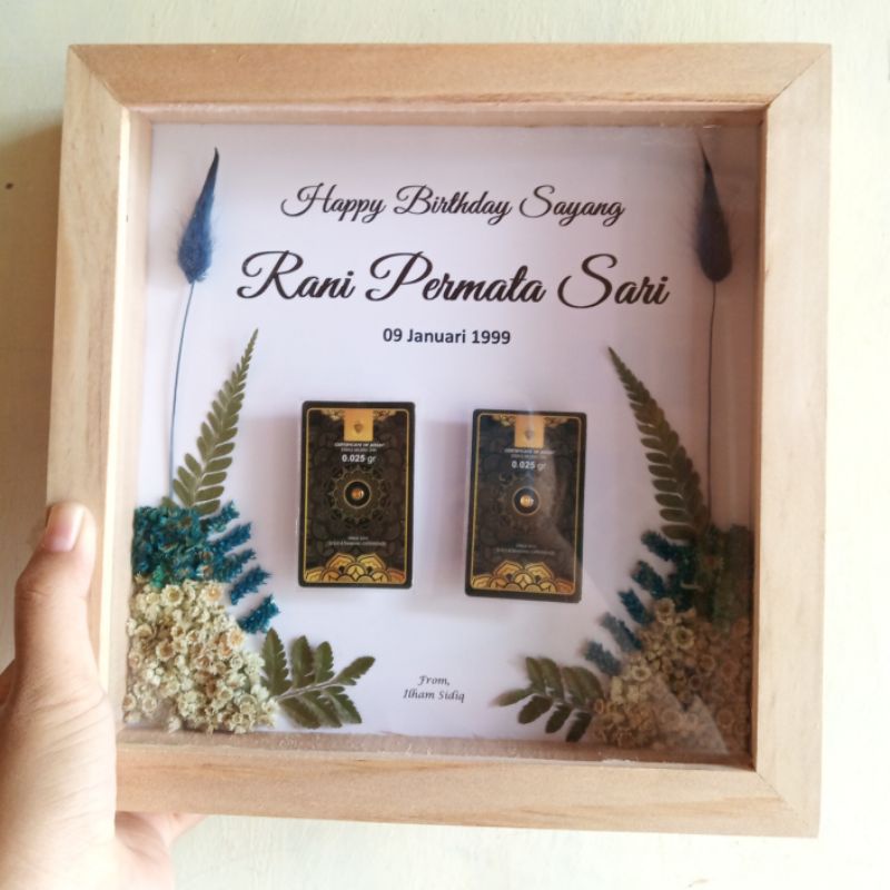 Mahar Dry flower figura bingkai mini gold emas antam | kado nikah tunangan custom-Navy
