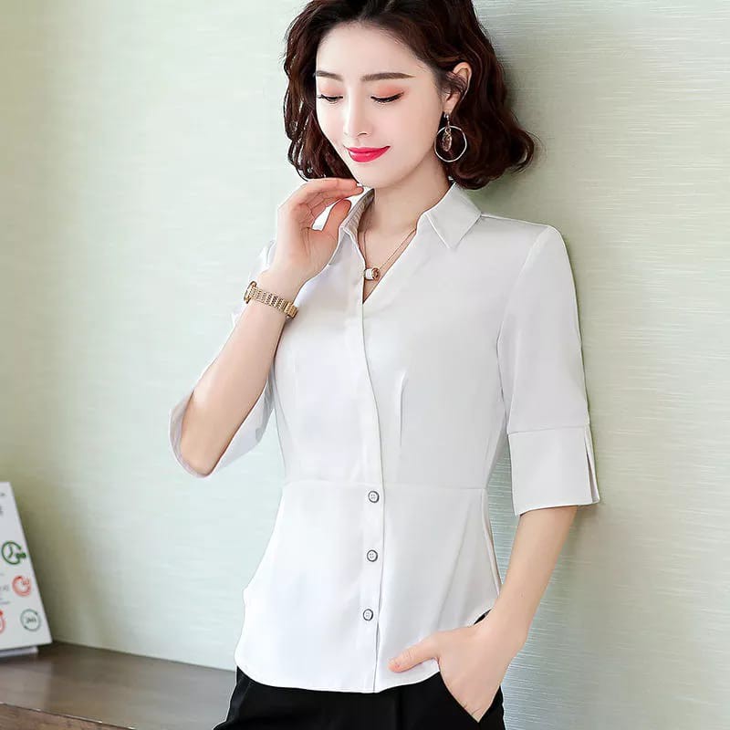 CALISSA FASHION PAKAIAN WANITA ATASAN KEMEJA CASUAL STYLE KOREA MODEL HARUKA [ BISA COD ]-WHITE