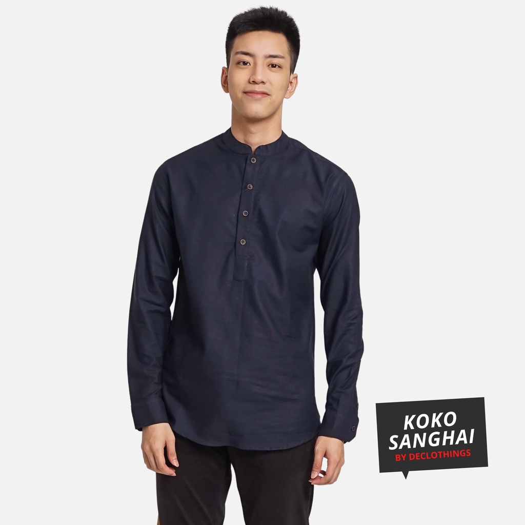 Baju Koko Pria Lengan Panjang Dewasa Kemeja Taqwa Muslim Kokoh Polos Bahan Katun Navy