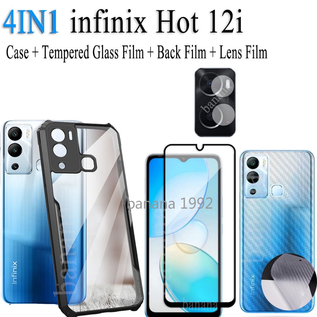 [PAKET CASE] For INFINIX HOT 12i Case Armor Fusion + Tempered Glass / Anti Gores Layar + Skin Carbon + Pelindung Lensa Kamera Paket 4in1 Case infinic Hot 12i