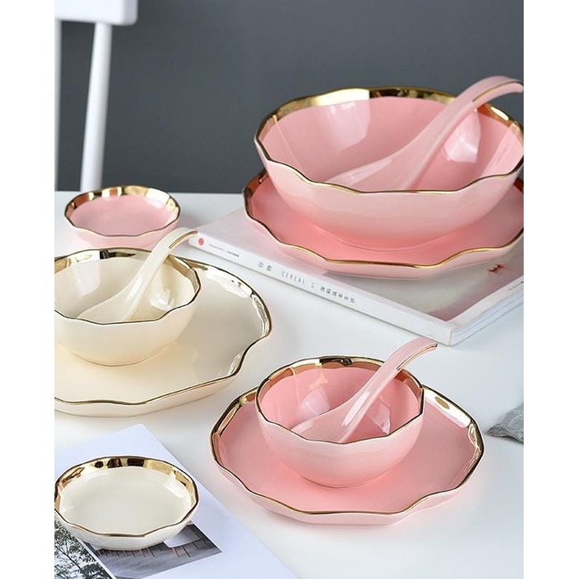 (Garansi Pecah) piring keramik dan mangkok keramik Gold Rim pink dan crem Ceramic  bowl and plate