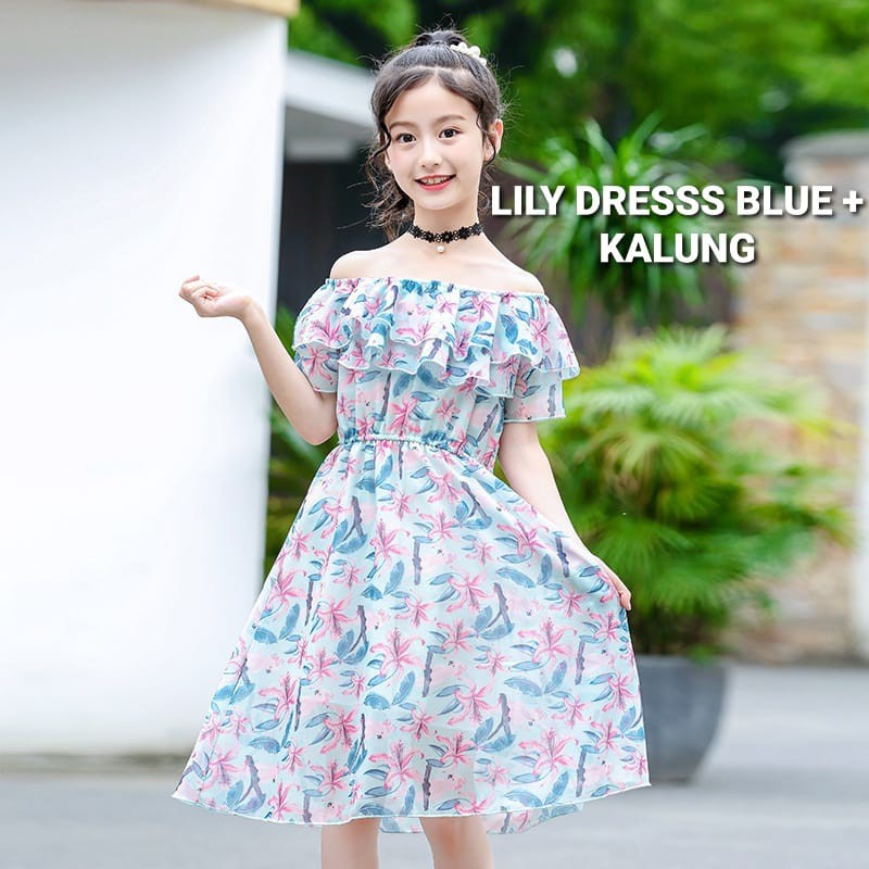 LILY DRESS BLUE / DRESS SABRINA ANAK PEREMPUAN REMAJA IMPOR KOREA / BAJU TERUSAN BUNGA DAILY