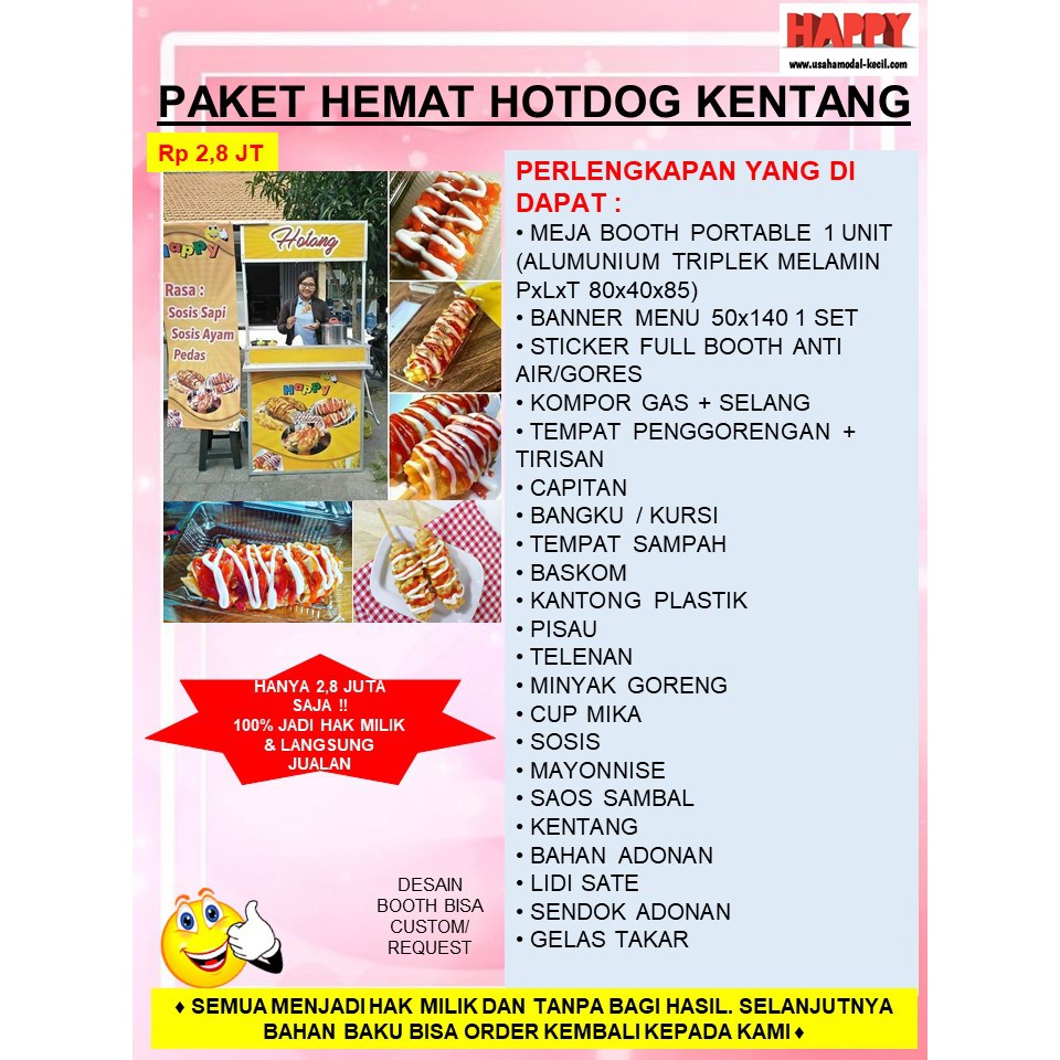 

PAKET HEMAT MURAH EKONOMIS USAHA FRANCHISE MAKANAN HOTDOG KENTANG HOTANG ENAK KEKINIAN GEROBAK BOOTH