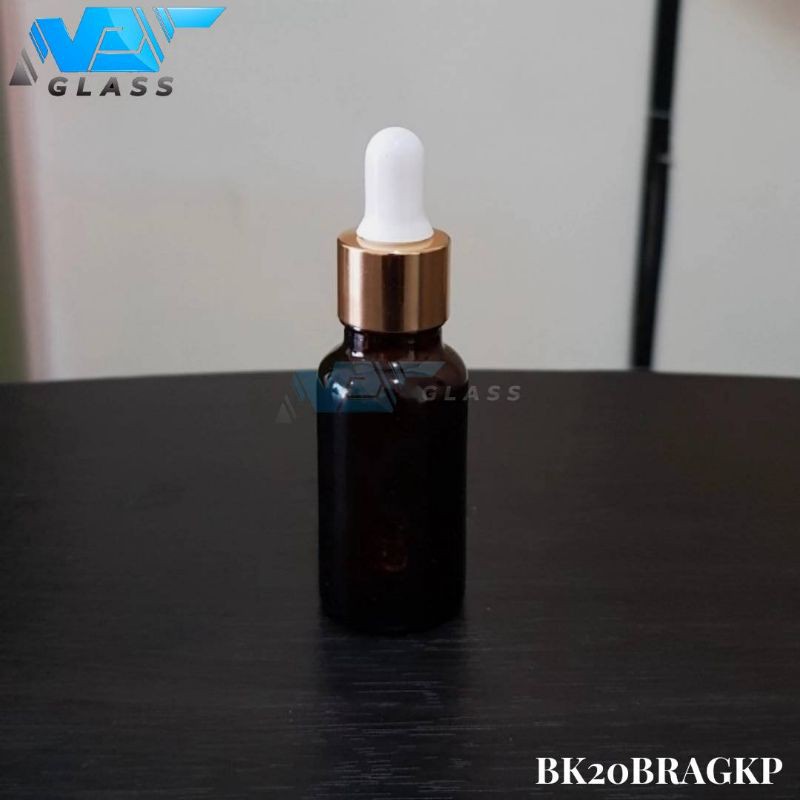 botol kaca pipet 20ml amber / coklat tebal - ring almunium gold