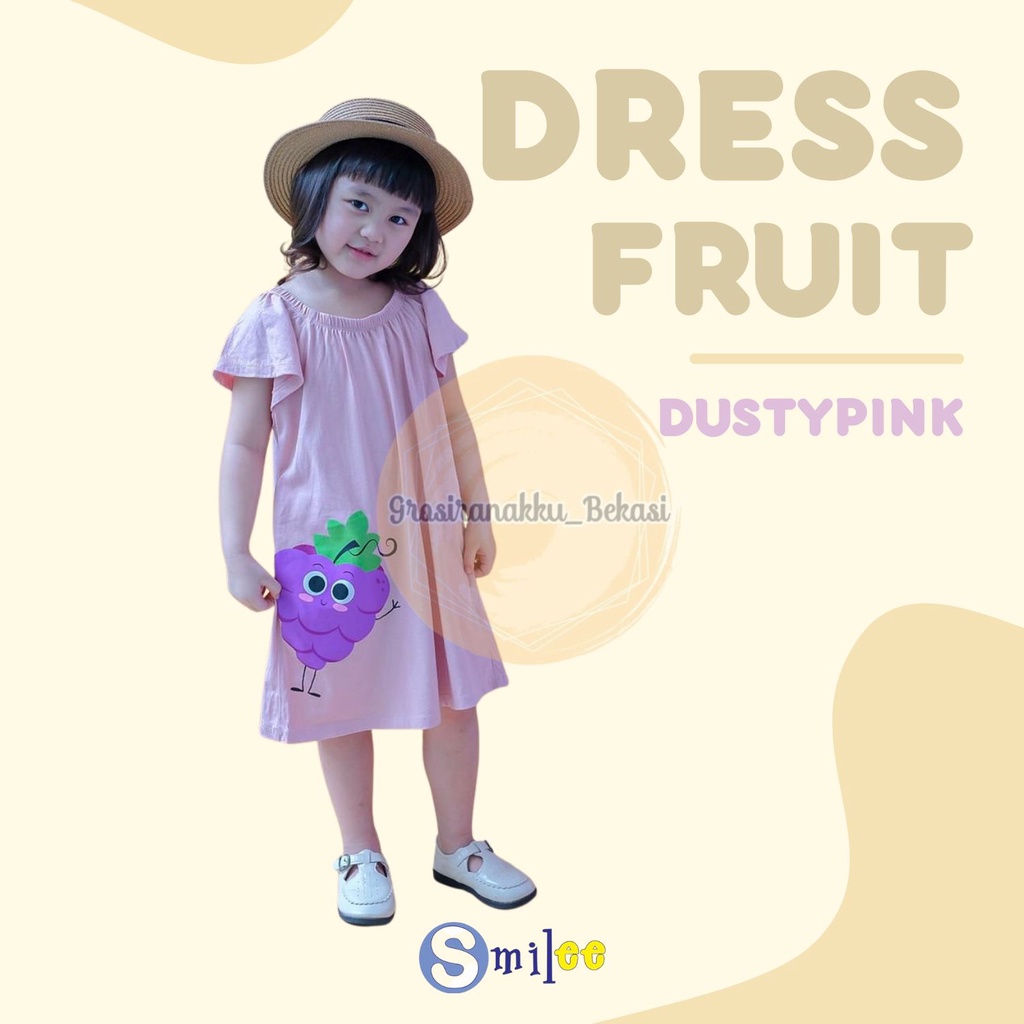 Dress Anak Smilee Fruit Warna Dusty Pink Size 1-5Thn