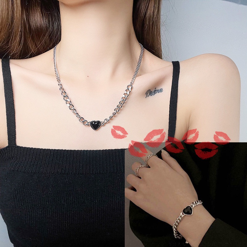 Classic Black Love Stainless Steel Necklace Bracelet Metal Clavicle Chain Personality Punk Accessories