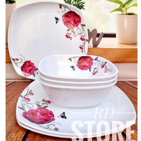 PROMO 6.PCS ISI 3.PIRING KOTAK SAJI 3.PCS MANGKOK KOTAK MOTIF ROSE BAHAN MELAMINE WARE TEBAL ANTI PANAS