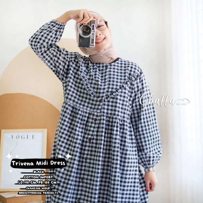 Trivena midi dress motif kotak-kotak bahan katun by ghaffa the label