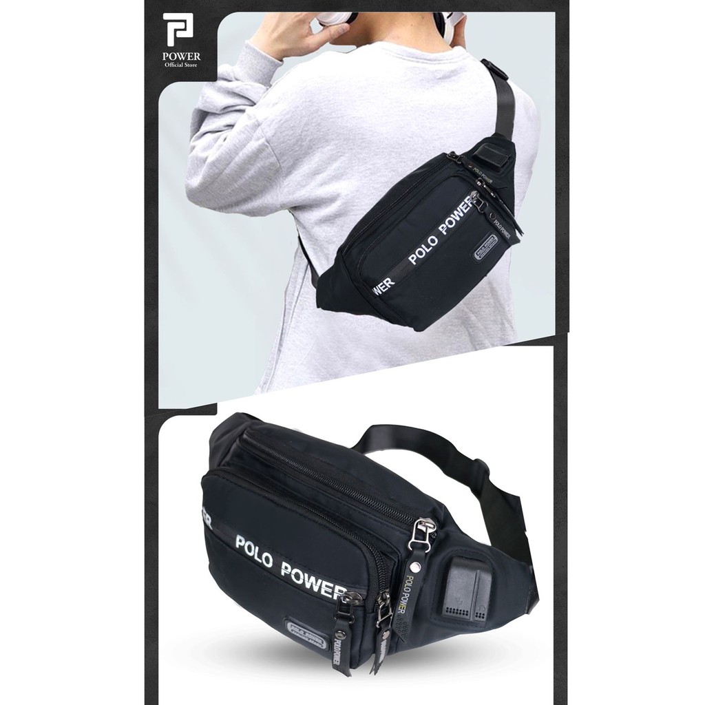 Tas Pinggang Pria Polo Power Waist bag Waterproof Import Tas Slempang Anti Air Sling bag USB Portable Tas Polo Original