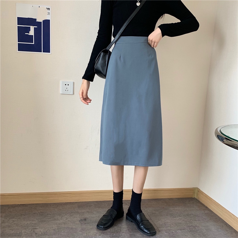 COD New 2022 Fashion Korea Women Black Blue Casual Work Midi Skirts