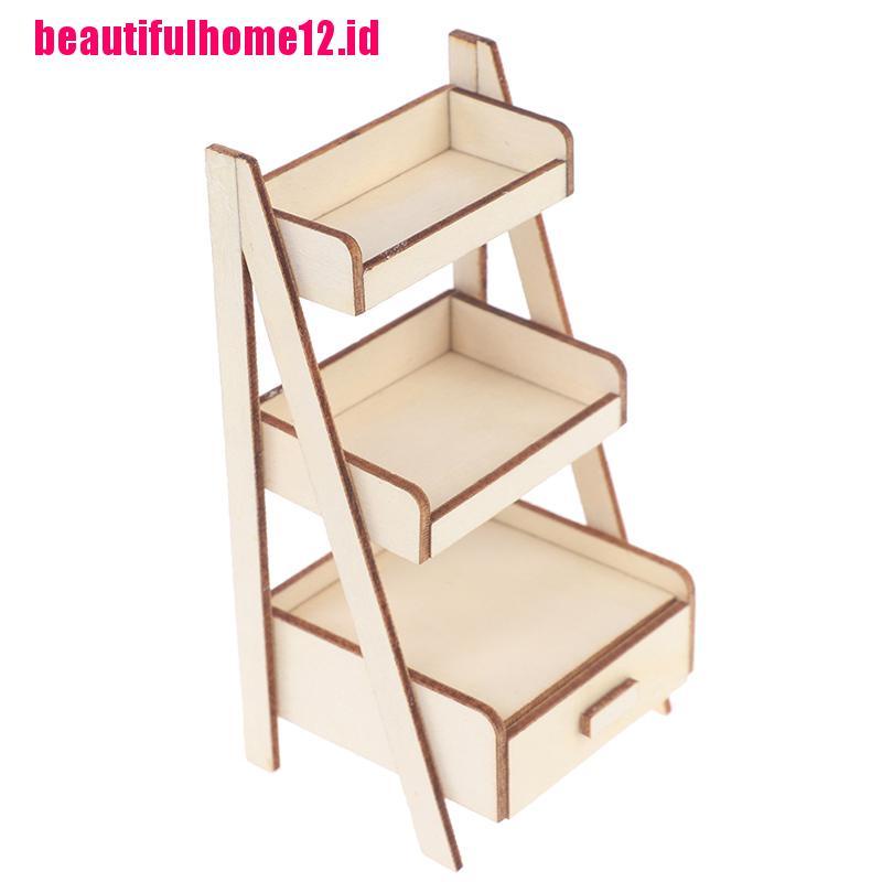 【beautifulhome12.id】1:12 Dollhouse Miniature Wood Shelf Flower Stand Doll House Furniture Model Toy