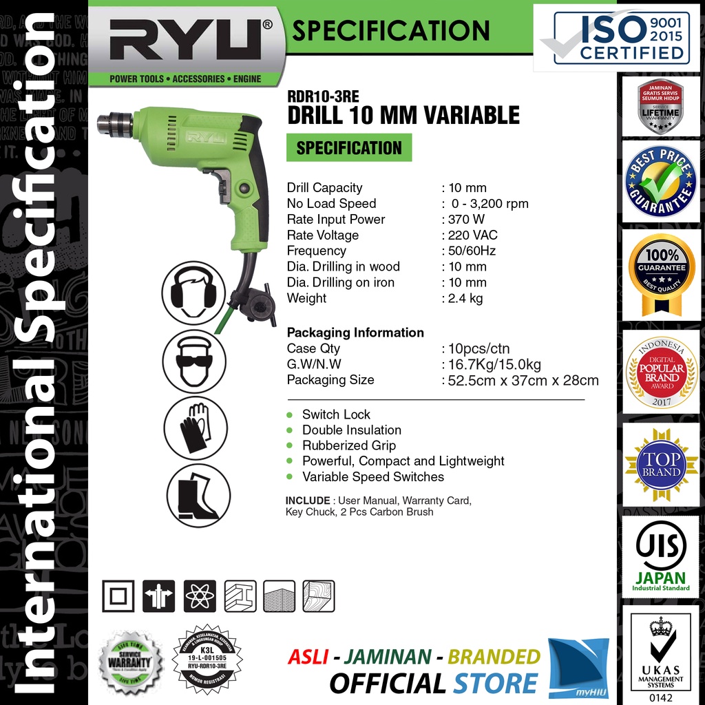 Mesin Bor 10 mm Bolak Balik + Bonus Mata Bor - Reverseable Hand Drill RDR10-3RE TEKIRO RYU