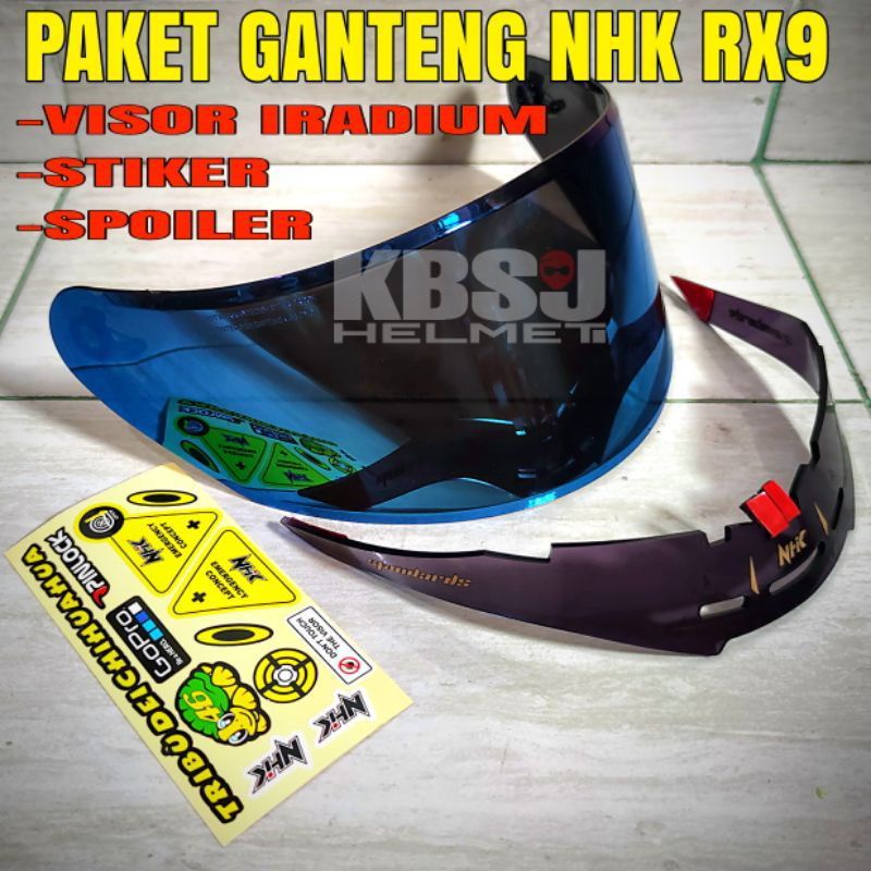 Paket flat visor NHK Rx9/GM Race pro  iridium + spoiler + top / post + sticker husus kaca + spoiler helm NHK Rx9 GM Race pro