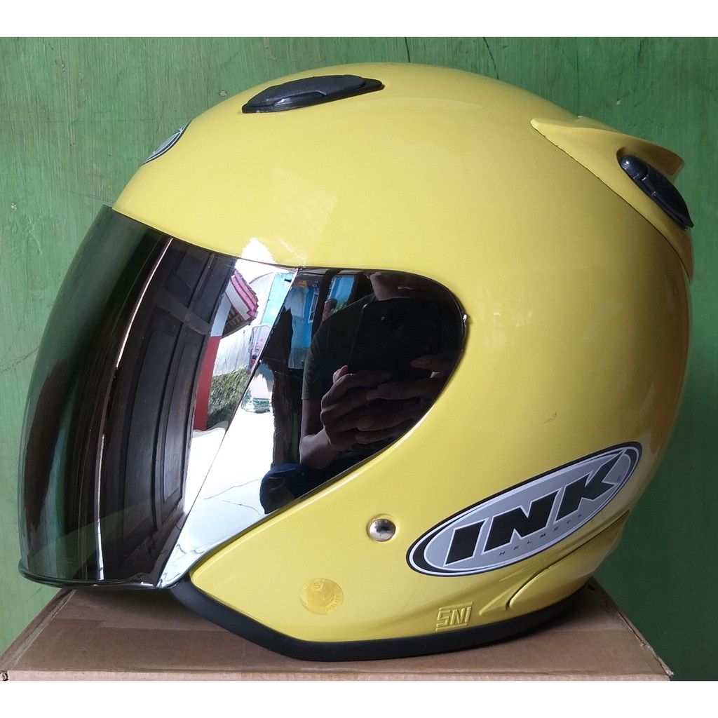 Helm INK KW Super Centro Kaca Silver Helem Half Face Pria Wanita Dewasa SNI Murah Merek GTR-Kuning Lemon